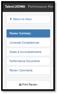screenshot of the performance review options