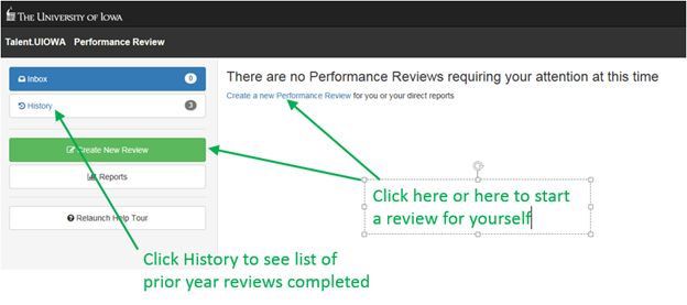 image showing where to click to Create New Review or to see History of prior year reviews